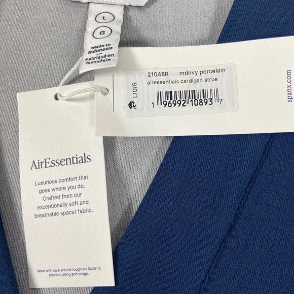 SPANX Women's L AirEssentials Cardigan Stripe Navy White Button Front V Neck NEW - Picture 5 of 9